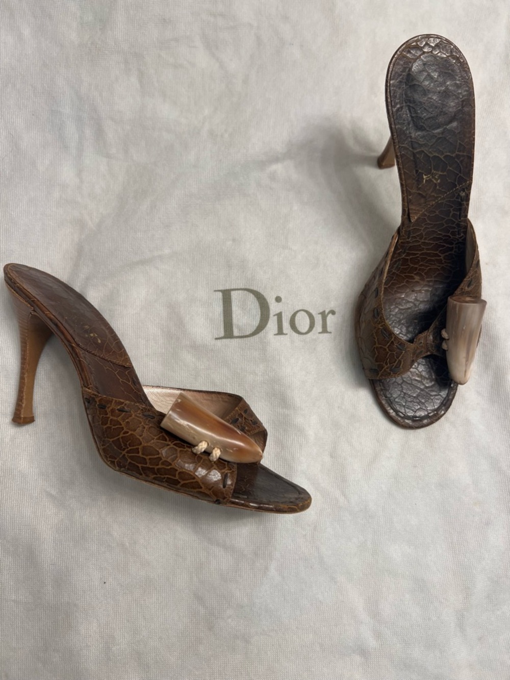Dior Horn Toggle S/S 2003 Vintage John Galliano Era Brown Croc Open-Toe Mule